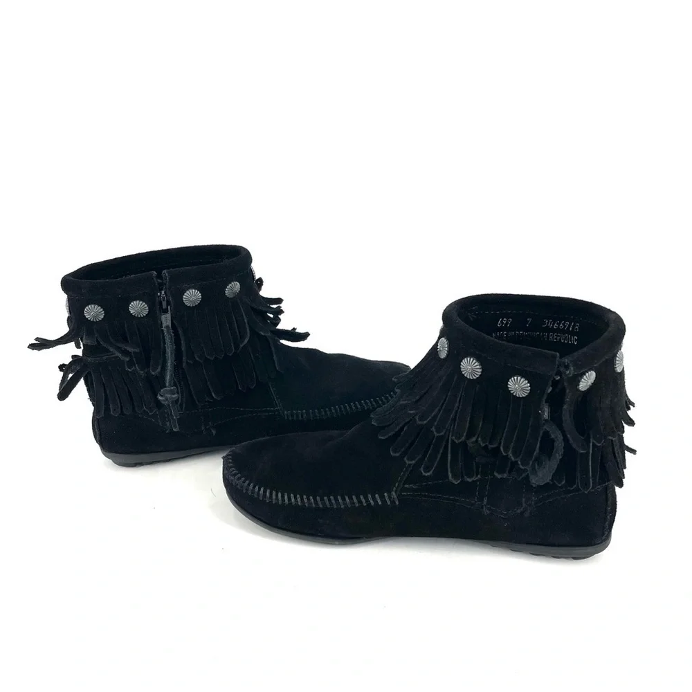 Minnetonka Black Suede Double Fringe Side Zip Ankle Bootie